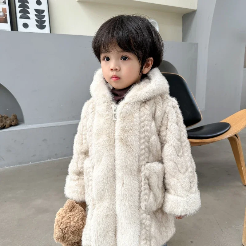 Boy Girls Faux Mink Fur Jackets Children's Fur Clothing Boys Warm Hooded Fur Coats Kids Long Style Furry Outerwear Padded Tops