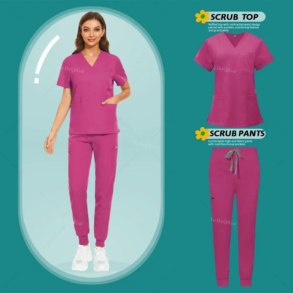 Women Men's Scrubs Set Medical Nurse Uniforms Hospital Doctor Clinic Overalls V-neck Tops Pockets Pants Pet Shop Beauty Workwear