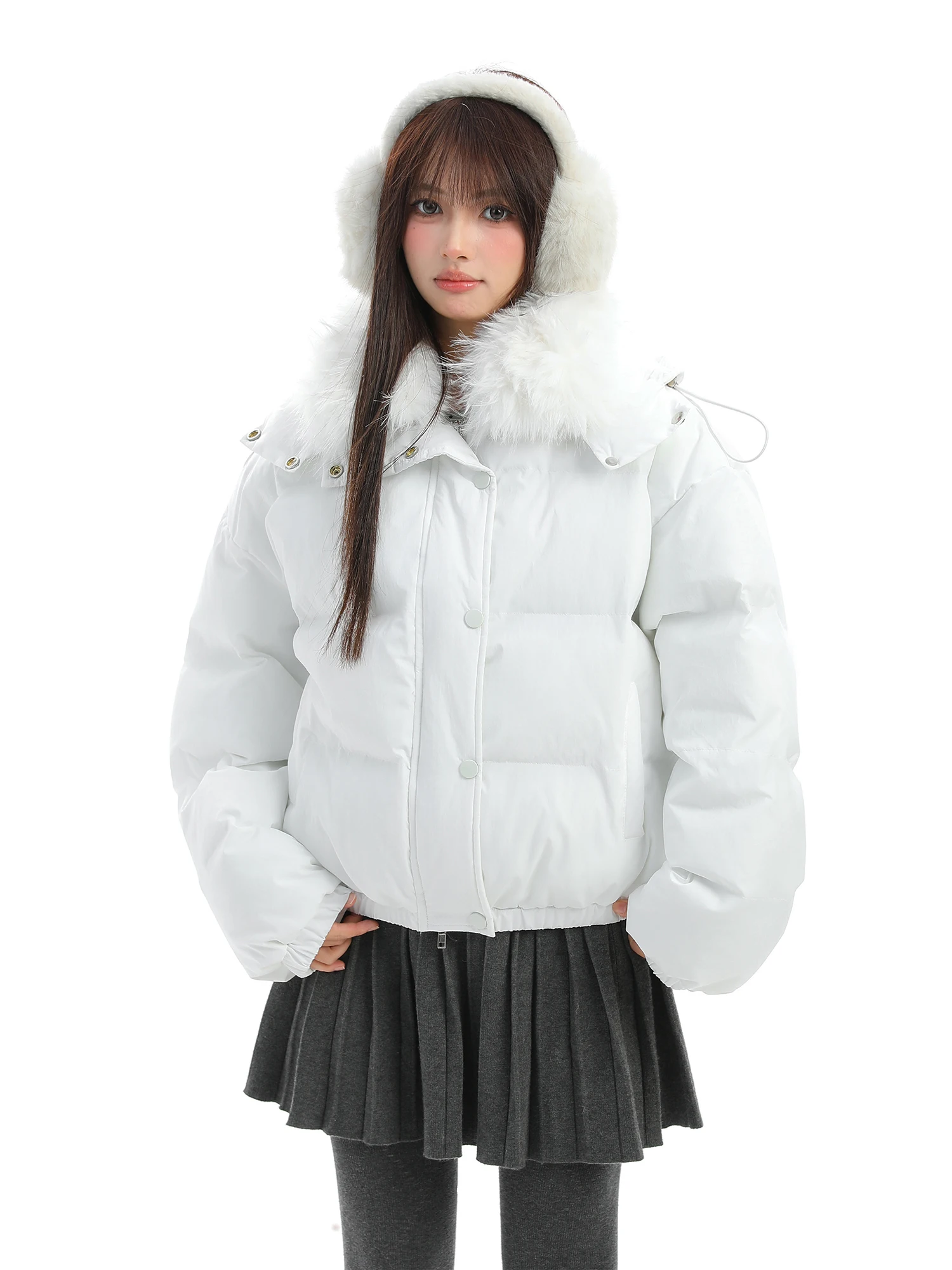 

Thiened Removable Fur Collar Hooded Cotton Jaet Women's Winter Warm Cotton Coat Simple Color Korean Sle Loose Fit