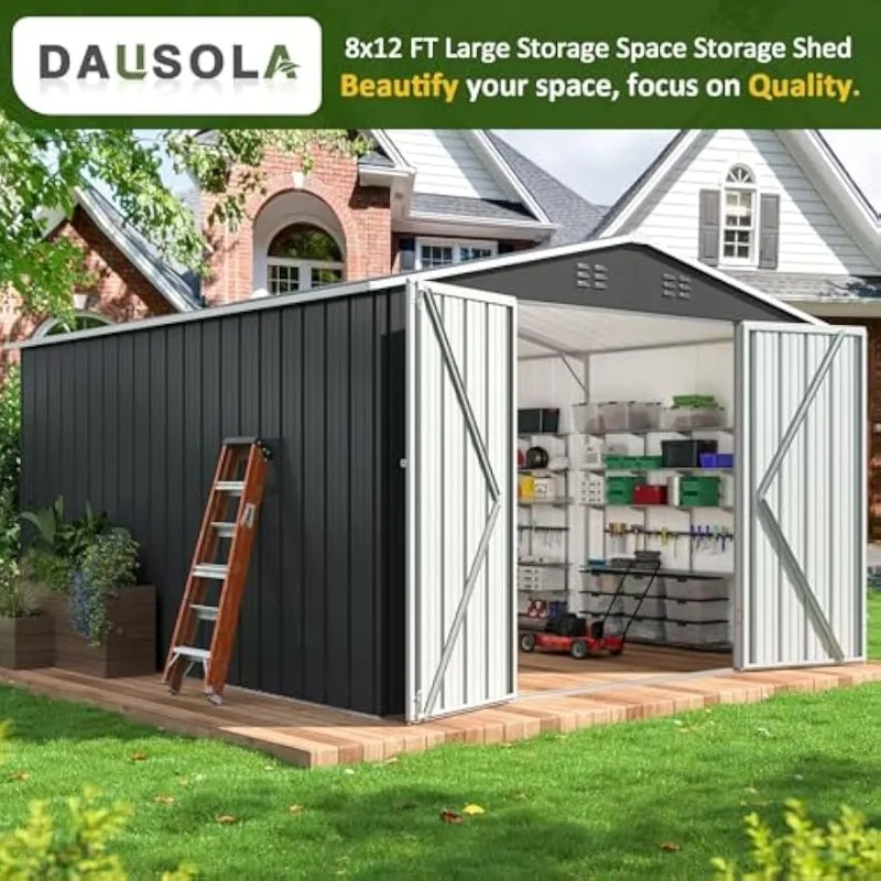DAUSOLA 8x12 FT Outdoor Storage Shed, Metal Garden Tool Sheds for Backyard | Sturdy Upgrade, Weatherproof, Ample Space