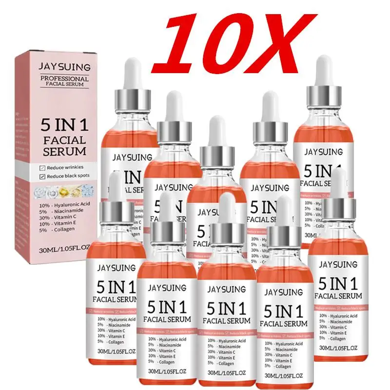 เซรั่มบำรุงผิวหน้า10X 5อิน1เพิ่มความชุ่มชื้นขาวต่อต้านริ้วรอยวิตามินซีไฮยาลูโรนิคแอซิดหน้าลดรูขุมขนบำรุงผิว