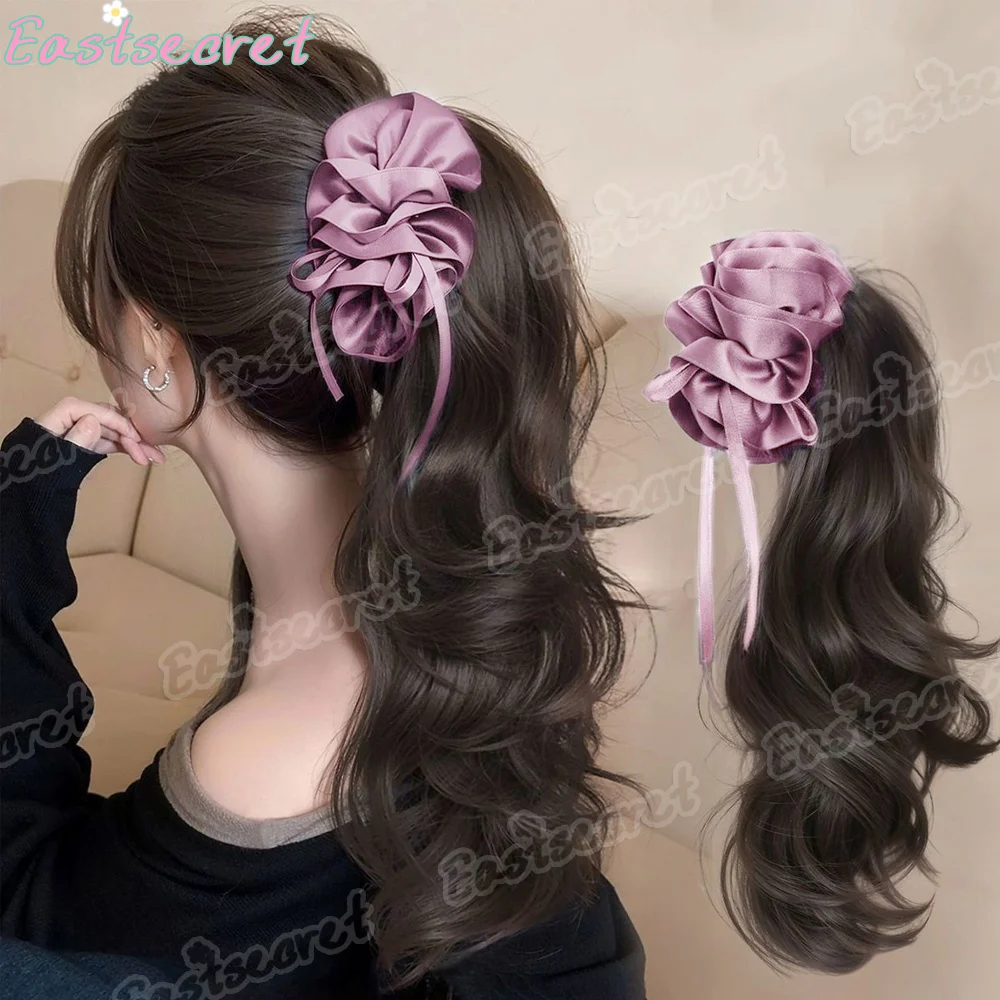 

EAST Elegant Synthetic Silk Bowknot Banana Claw Clip Ponytail Wig With Grab Clip Long Wavy Layered Ponytail for Women Daily Use