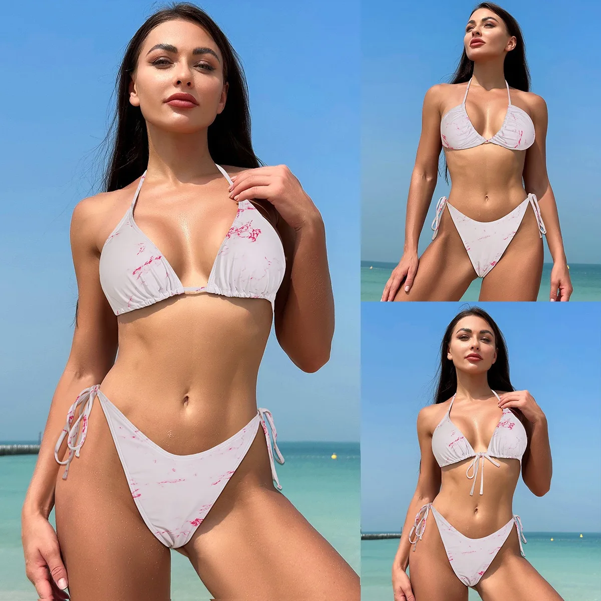 2024 New Women's 2-piece Sexy Triangle Bikini Set with Open Back Strap Instagram Style, Summer Sexy Swimwear Beach Vacation