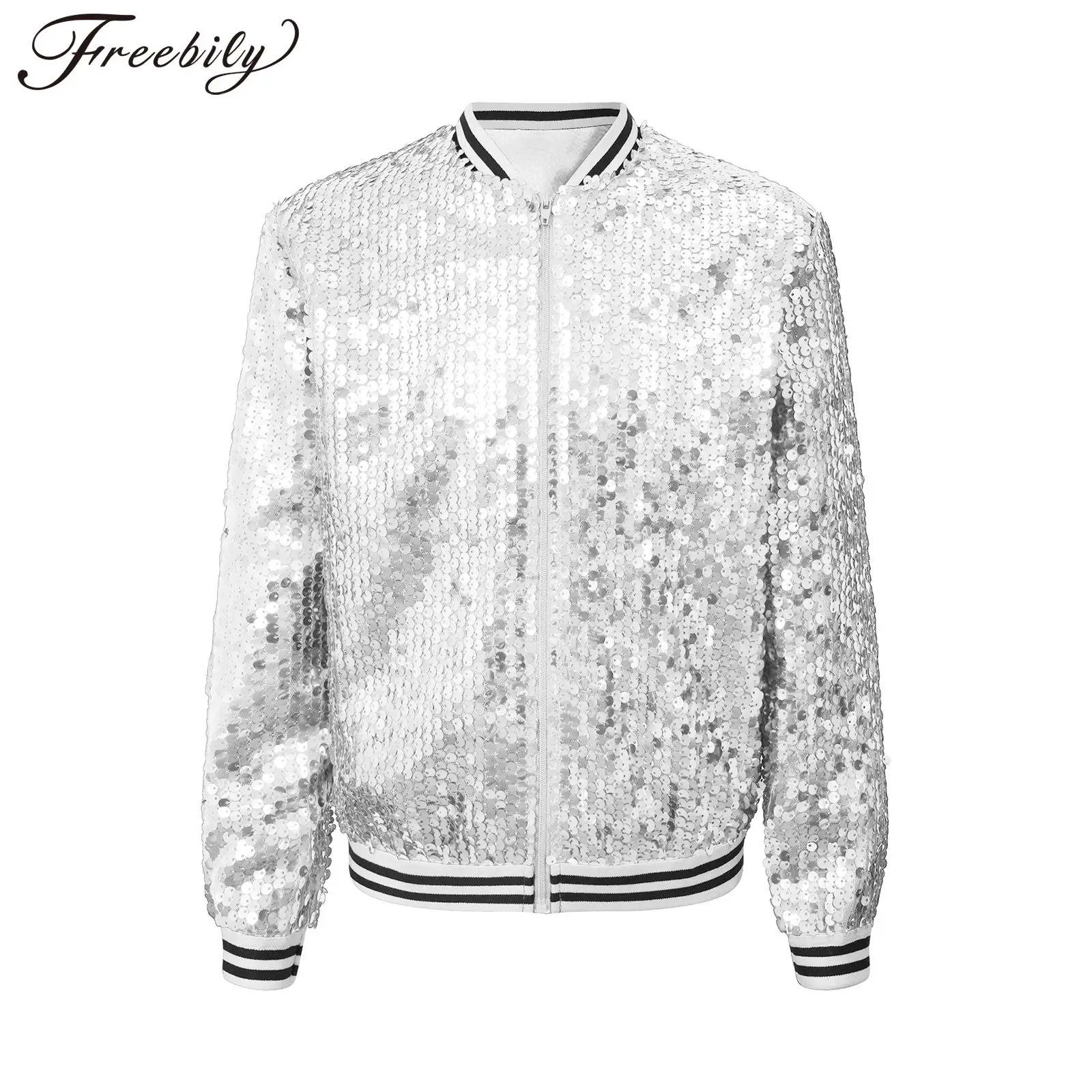 

Kids Girls Hip Hop Jazz Dance Cheerleading Performance Costume Shiny Sequin Baseball Jacket Coat Long Sleeve Zipper Outerwear