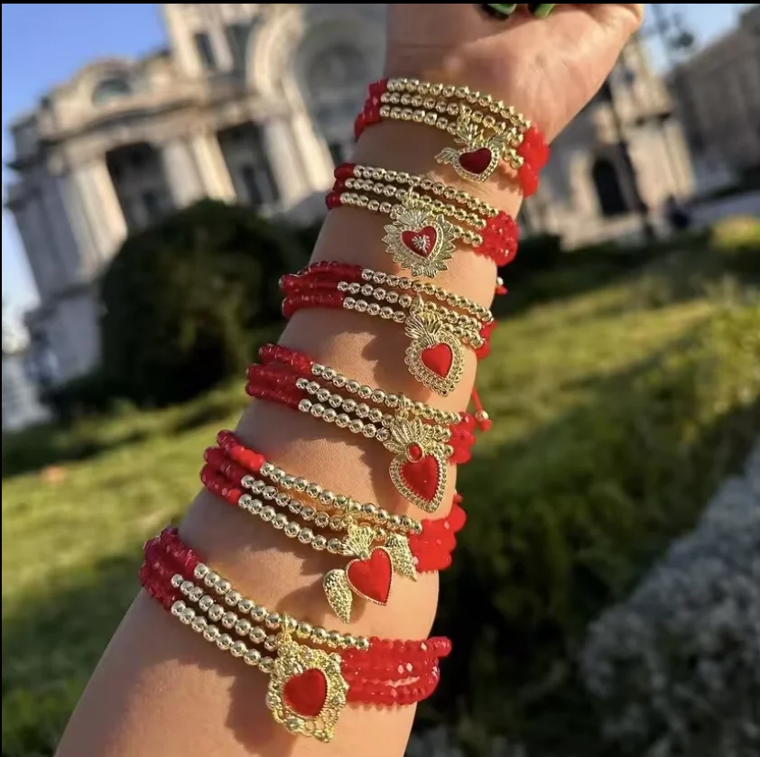 

5Pcs Lucky red Crystal beads bracelet multilayer sacred heart bracelets fine jewelry Macrame Party Charm for girls and women