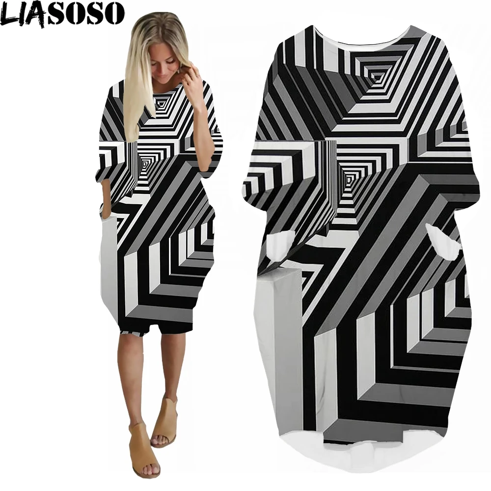 

LIASOSO Black and White Stripes Combination Psychedelic Vertigo Pattern Women's Long Sleeve 3D Print Holiday Pocket Loose Dress