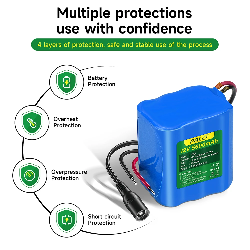 12V 5600mAh 67.2Wh Rechargeable Li-ion Battery Pack with BMS 12.6v Charger for RC Car, Boat, Robot, DlY, Large Capacity Battery