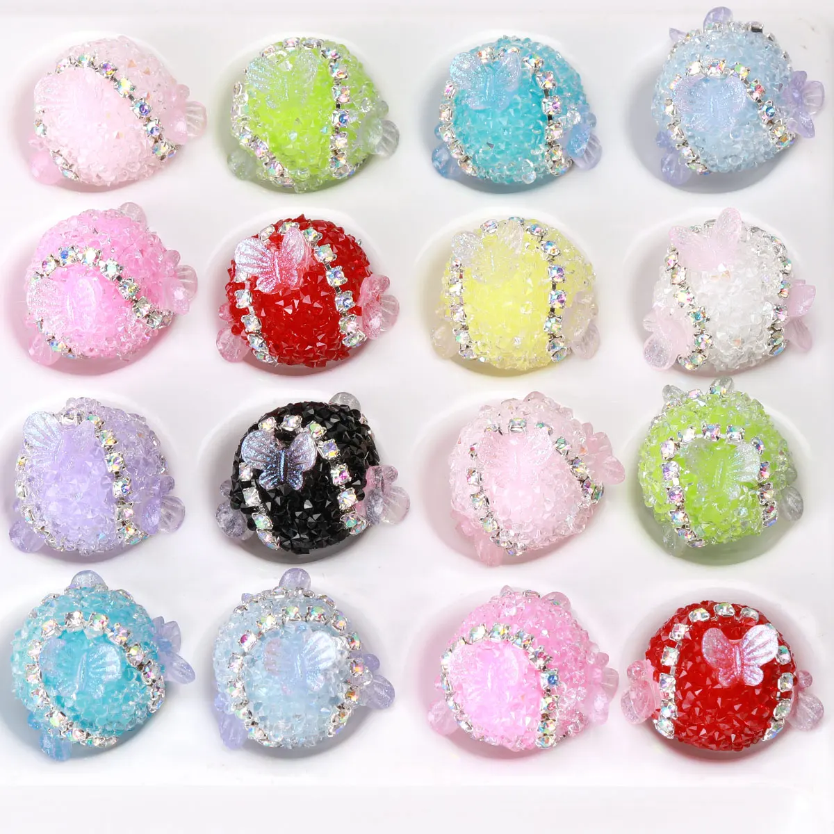 6pcs 1.6cm Random Color Mix Embed Rhineston Soft Granulated Sugar Creative Beaded Pen Butterfly Shape Round Acrylic Beads DIY
