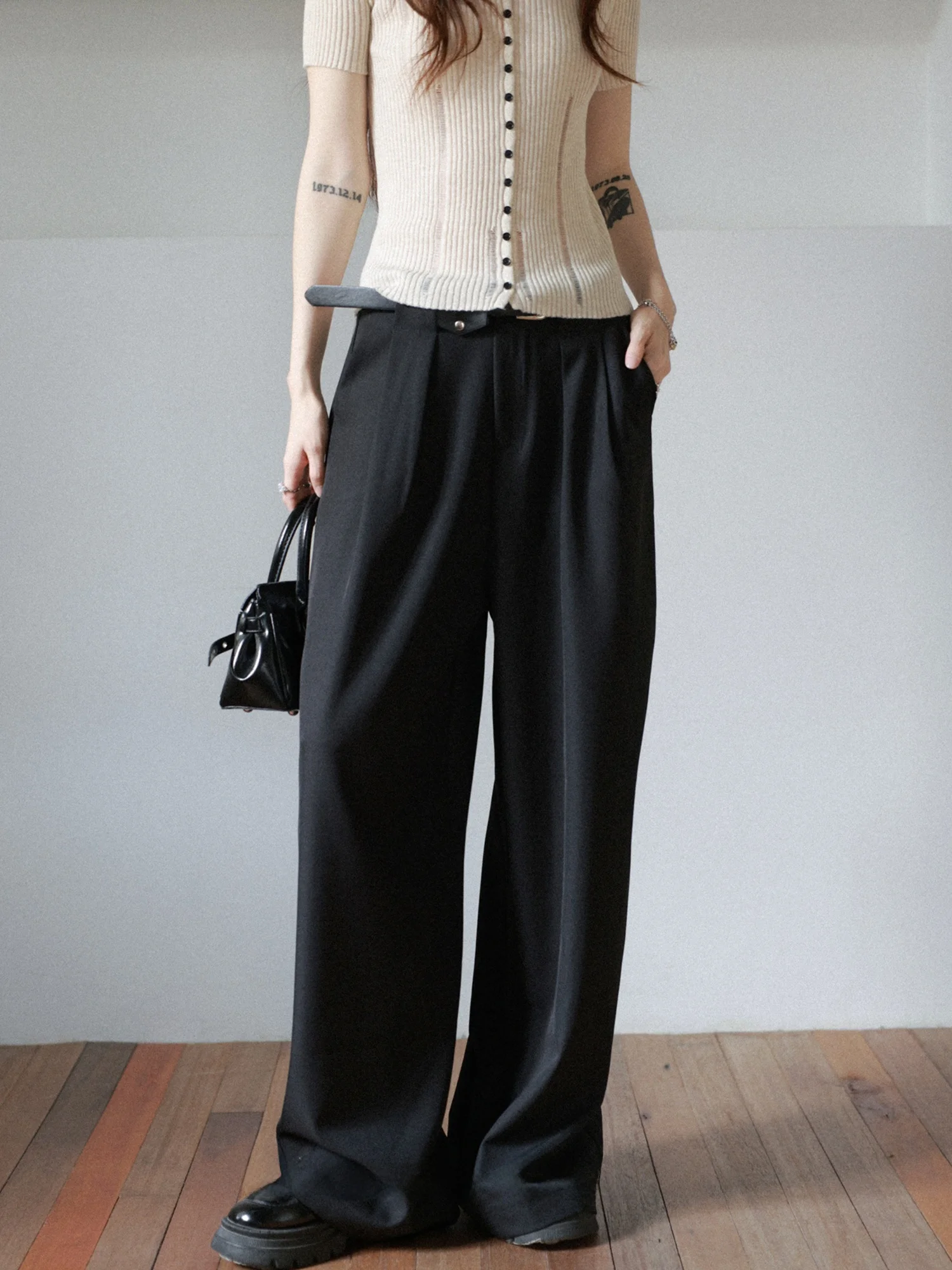 

Черные широкие брюки-костюмные с высокой талией, в деловом стиле, женские, модные, весна-лето, прямые, длинные, стройнящие, для офиса