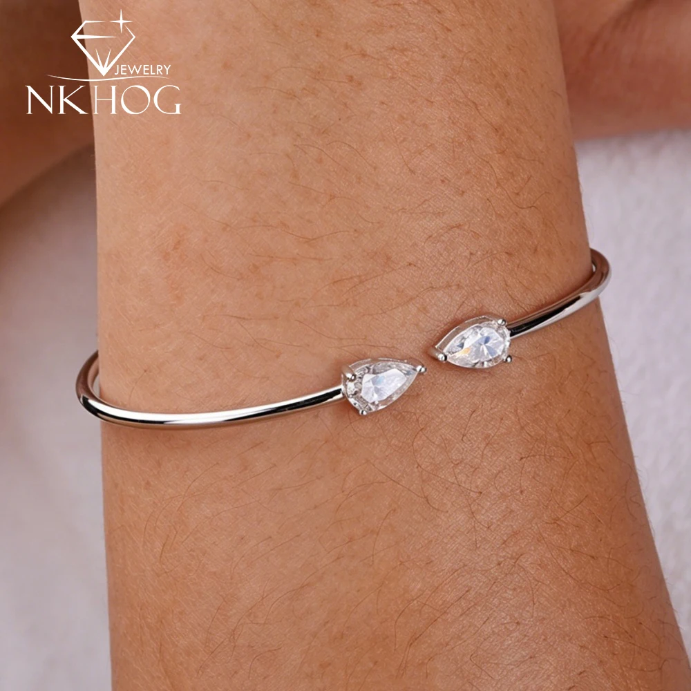 

NKHOG 2CTTW Waterdrop Moissanite S925 Silver Open Bangles For Women Fashion 2 Stone Lab Diamond Cuff Bracelets Fine Jewelry Gift