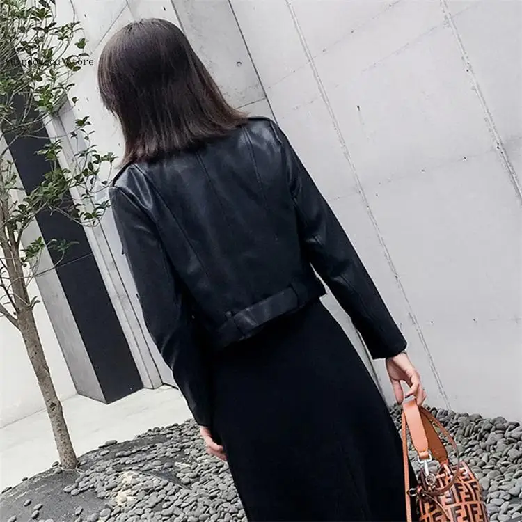 Autumn and Winter Korean Short Suit Collar Small Coat Women's Motorcycle Stylish Girl Leather Jacket