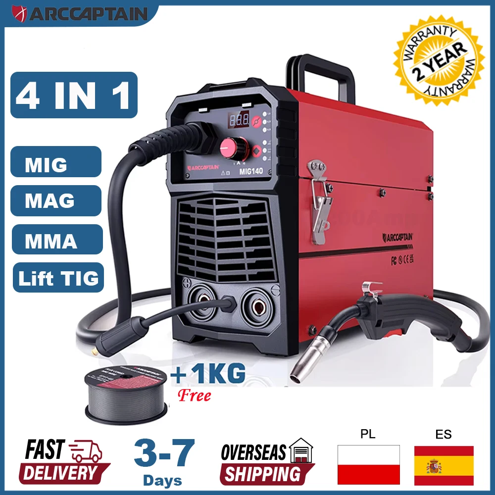 ARCCAPTAIN 4 in 1 220 V 140 A Halbautomatische MIG-Schweißmaschine Lift Tig Argon ARC MMA Mig MAG Schweißgerät Kein Gas IGBT Synergiewerkzeuge