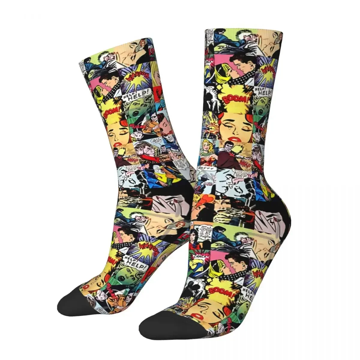 

Funny Crazy Sock for Men Comic Book Collage Hip Hop Vintage Superheroes Happy Pattern Printed Boys Crew Sock Novelty Gift