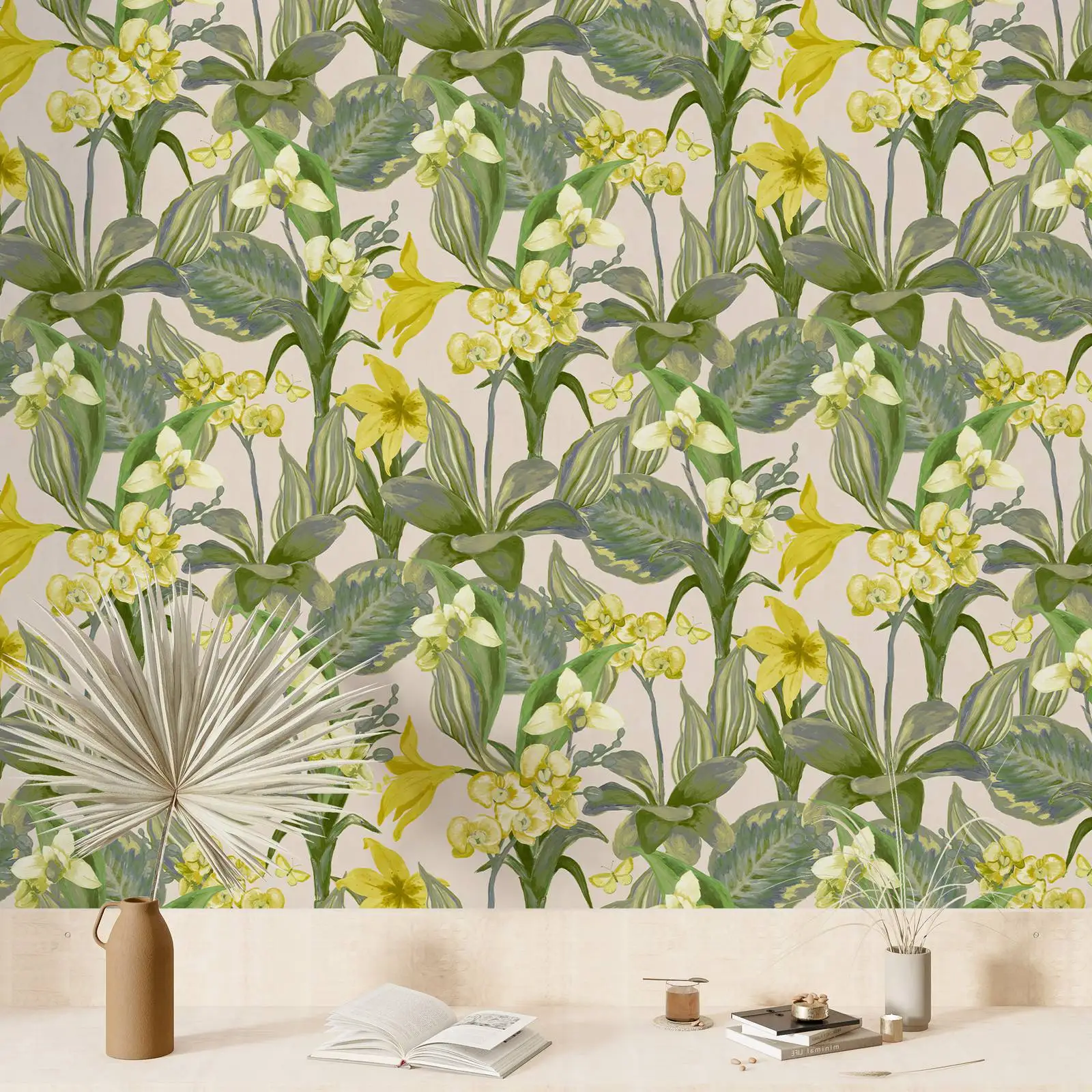 Tropical botanical floral and leaves with yellow bloosm Wallpaper in light pink back, Scandinavian removable non-woven Wallpaper