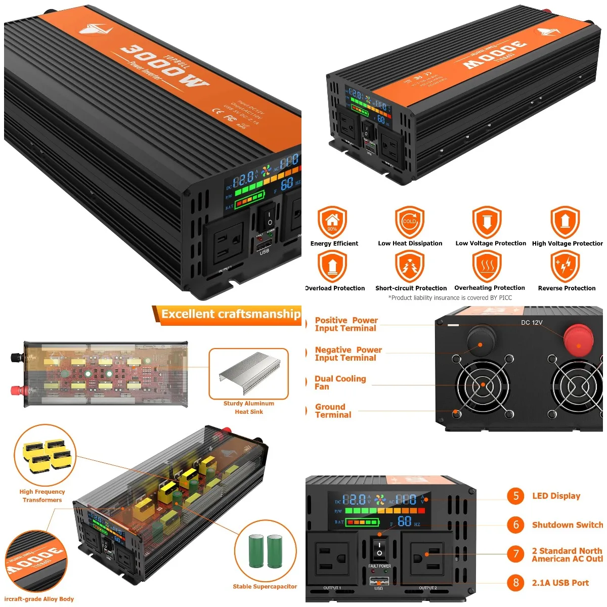 

3000W Power Inverter 12V to 110V AC Converter with LED Display, Dual Outlets, USB, Fans, Cables – RV, Camping, Emergency