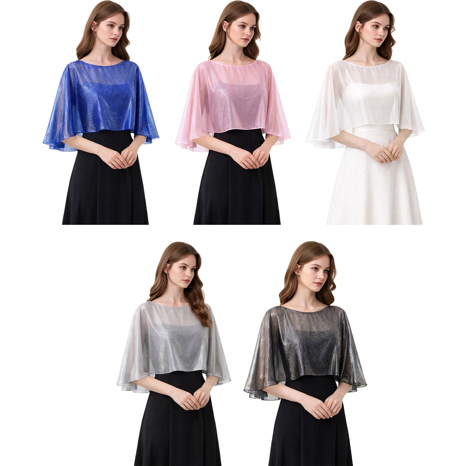 Women Metallic Shimmer Sheer Mesh Bolero Shawls Lightweight Shrugs Wrap Raves Wedding Party Evening Dress Cape Cover-up Poncho