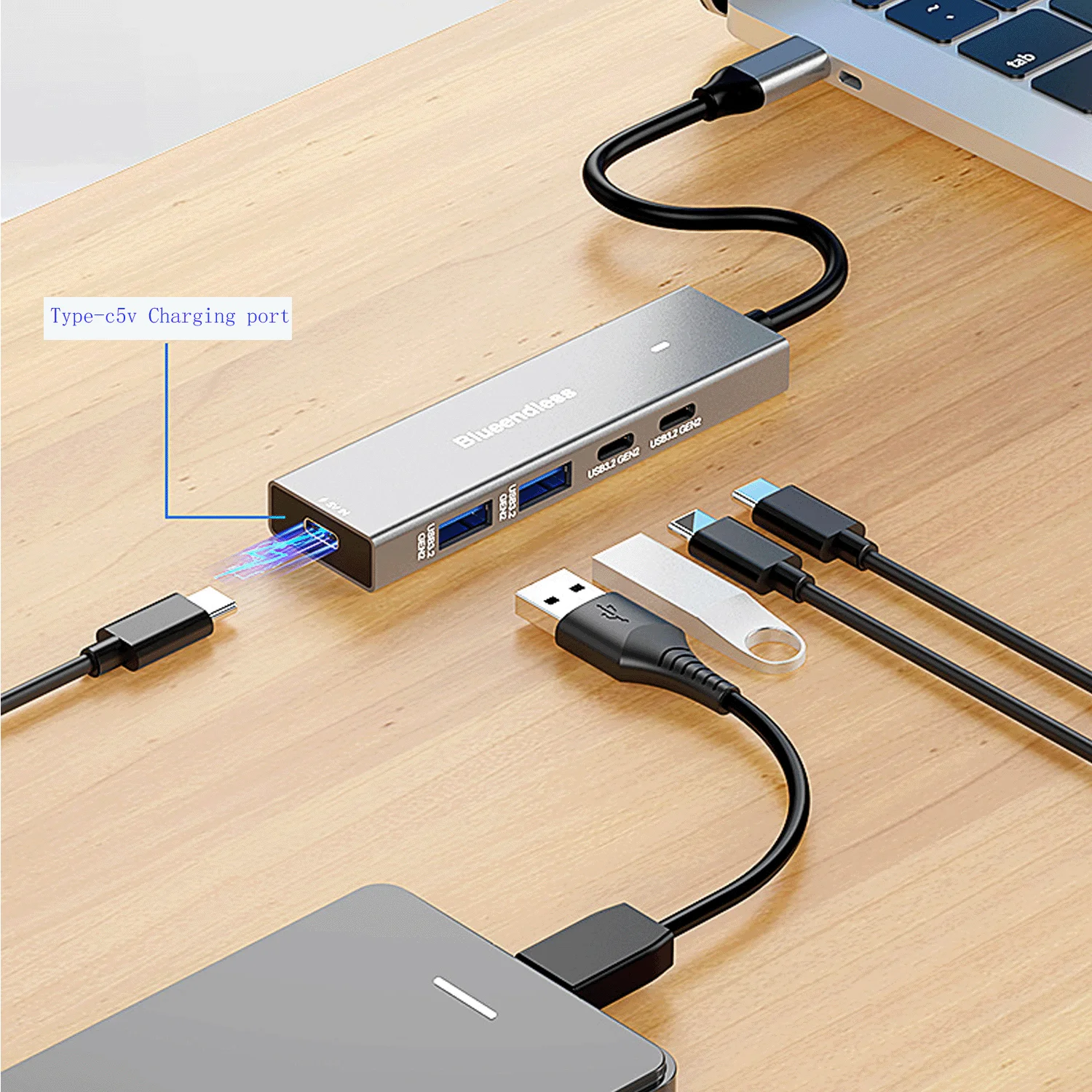

Blueendless Type c 4 port USB 3.2 gen 2 10Gbps High Speed 4 in 1 USB c Adapter for Mobile Laptop Adapter with 5V Charging port