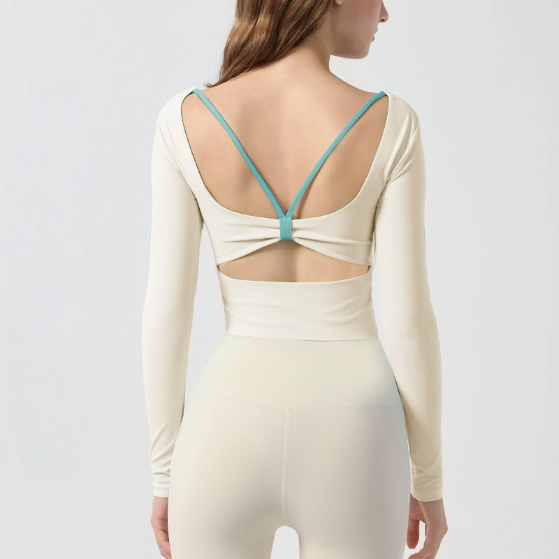 

Long Sleeve Yoga Top for Women Gym Top with Fixed Chest Pad Shockproof Color-Block Beauty Back Pilates Fitness Top Sportswear