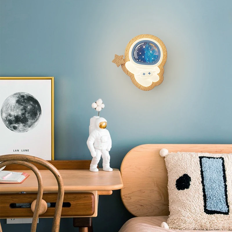 Applique Murale Créative Astronome LED pour Chambre d'Enfant, Bureau, Salon, Décor Chaud de Dessin Animé, Luminaire en Bois pour Chambre de Bébé