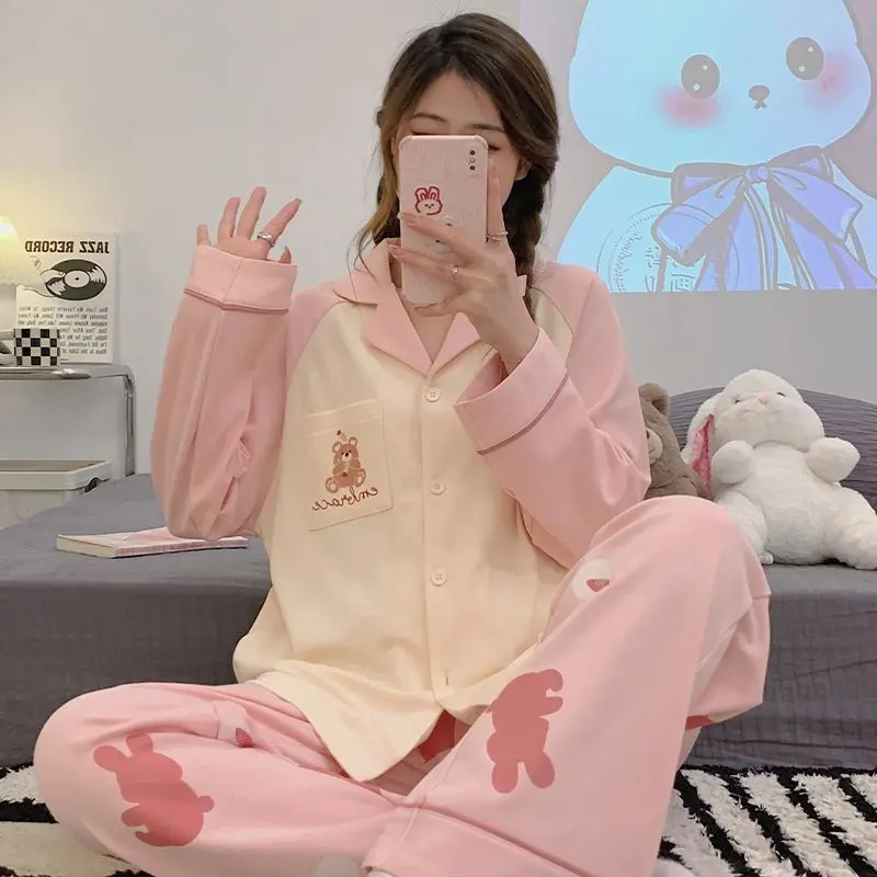 2024 Spring Autumn New Women Sweet Cartoon Pajamas Set Female Long Sleeve Cardigan Casual Homewear Suit Loose Simple Sleepwear