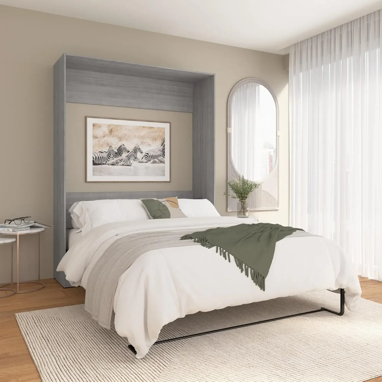 Queen Size Murphy Bed in Platinum Gray Space-Saving Sleeping Arrangement for Multipurpose Area Bedroom or Guest Room