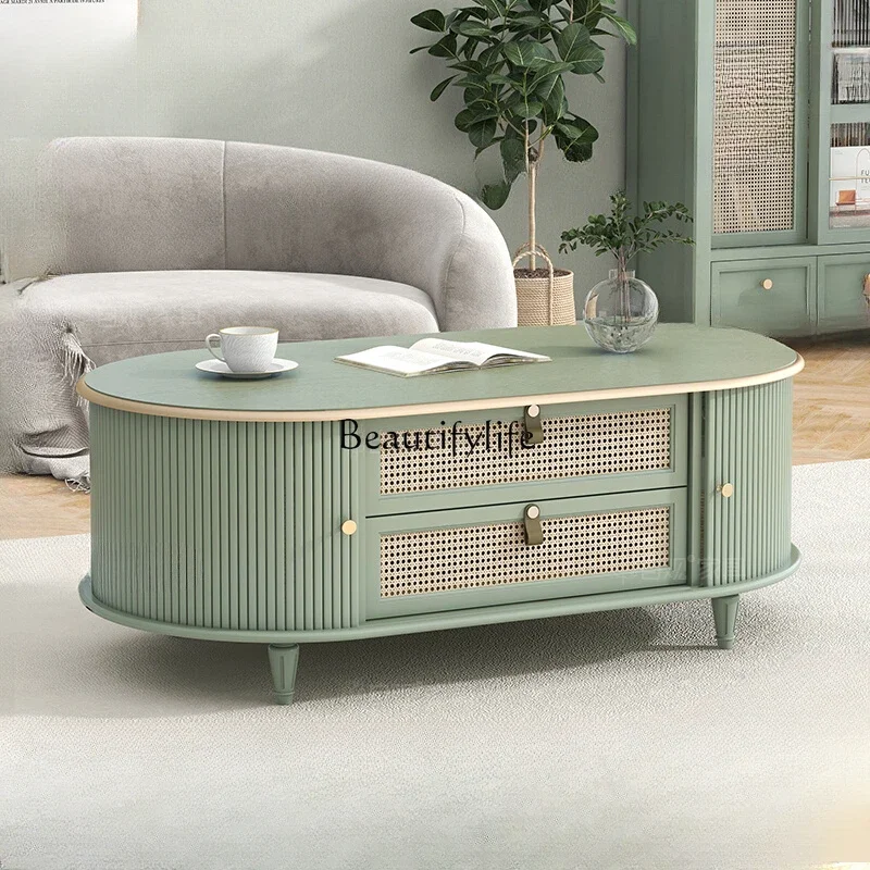 XX39 طاولة قهوة من الخيزران الطبيعي لغرفة المعيشة بيضاوية يابانية بسيطة وباب مصراع دوار وطاولة منخفضة #2