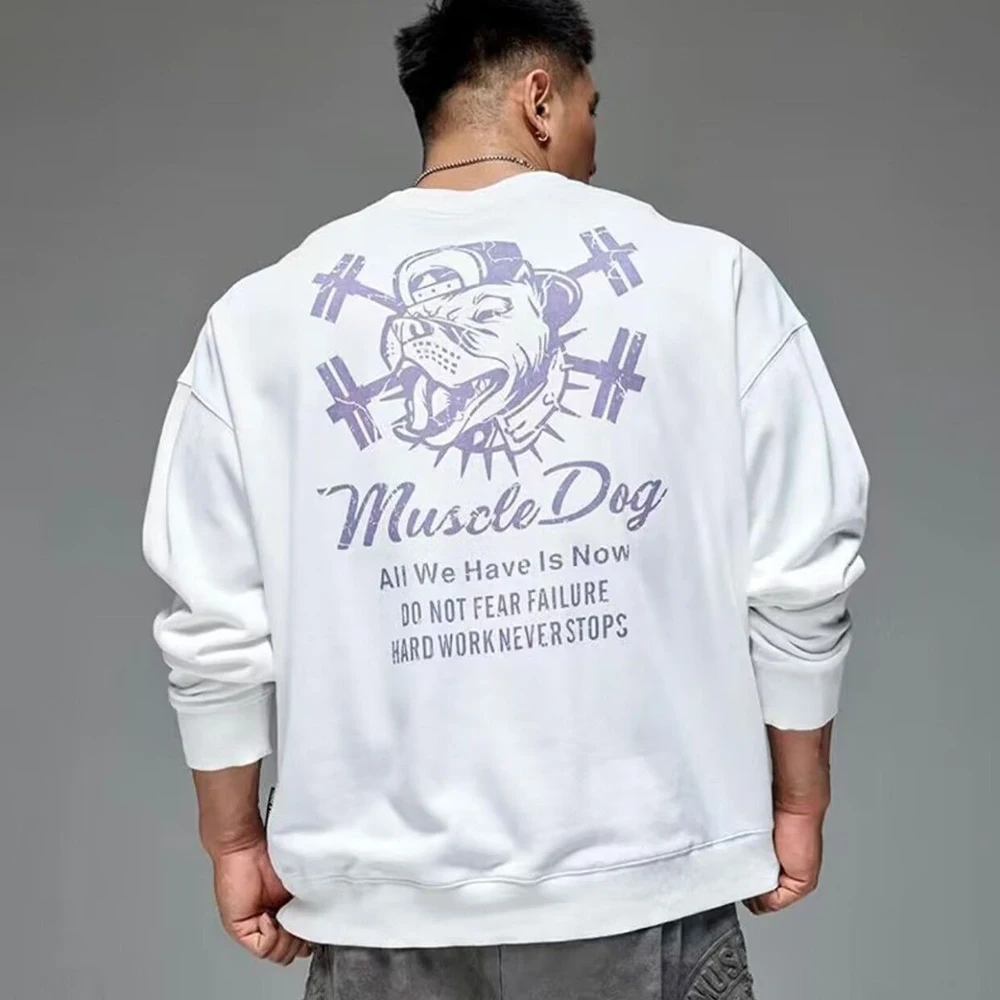 Mens Y2k Round Neck Sweatshirt Autumn And Winter New Fashion American Style Printing Loose Casual Sports Fitness Long Sleeve Top