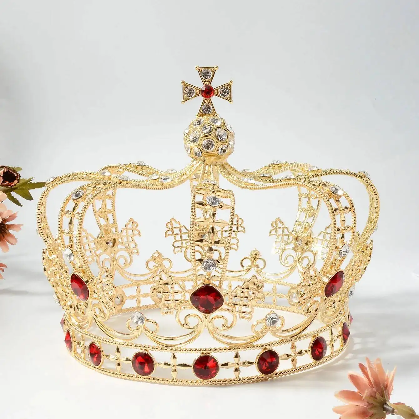 Royal Cross British Crown With Red Rhinestone Medieval Crowns Women Party Headwear Pageant Diadem Costume European Headpieces