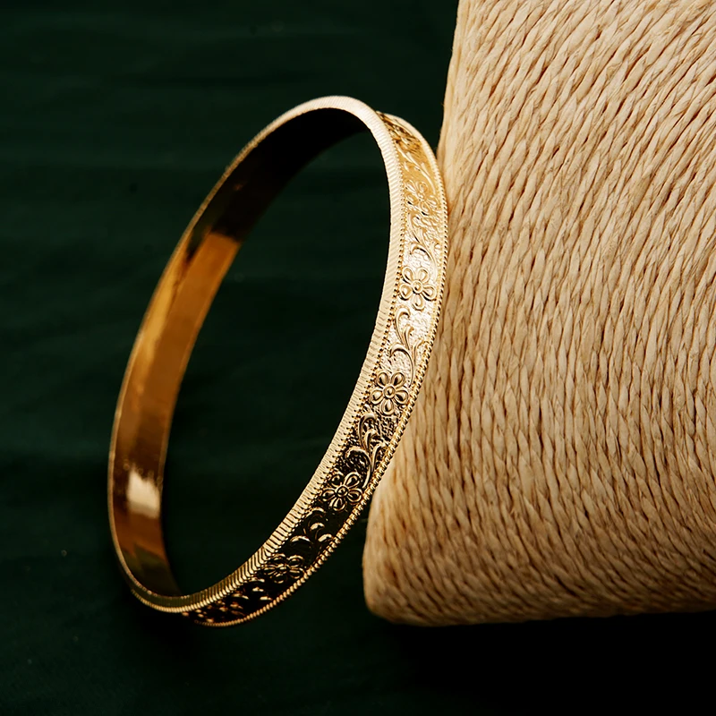 Gold Color Middle East Flower Carved Hand Bangles Arabic Dubai Bridal Charm Bracelet Metal Jewelry Accessory for Women