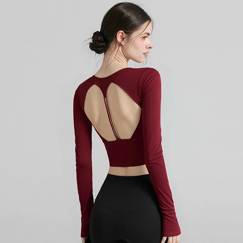 Hollow Beauty Back Fixed Chest Pad Yoga Clothing Long-sleeved High-end Tight-fitting Sports Tops Slimming Elastic Fitness Cloth
