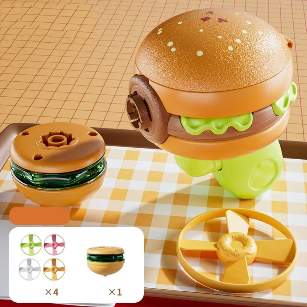 2 in 1 Gyro Flying Disc Launcher Soaring Propeller Rotating Gyro Novel Design Burger Fries Shape Kids Luminous Toy