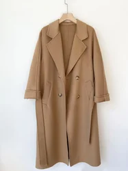 MAX Handmade Double Sided Cashmere Wool Water Ripple Women Coat Female Korean Double Breasted Long Woolen Coat for Women