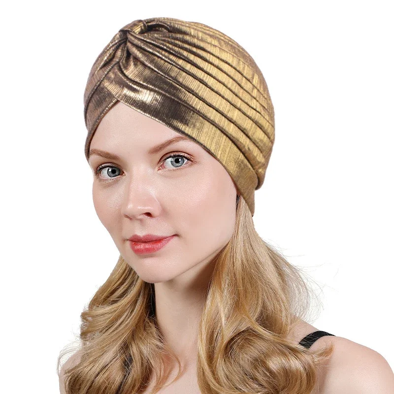 Metallic Turban Head Wrap Hat Headband Bandana Cap Gold and Silver Color Hijab Head Wrap Beanie Hat Muslim Chemo Cap Headscarf