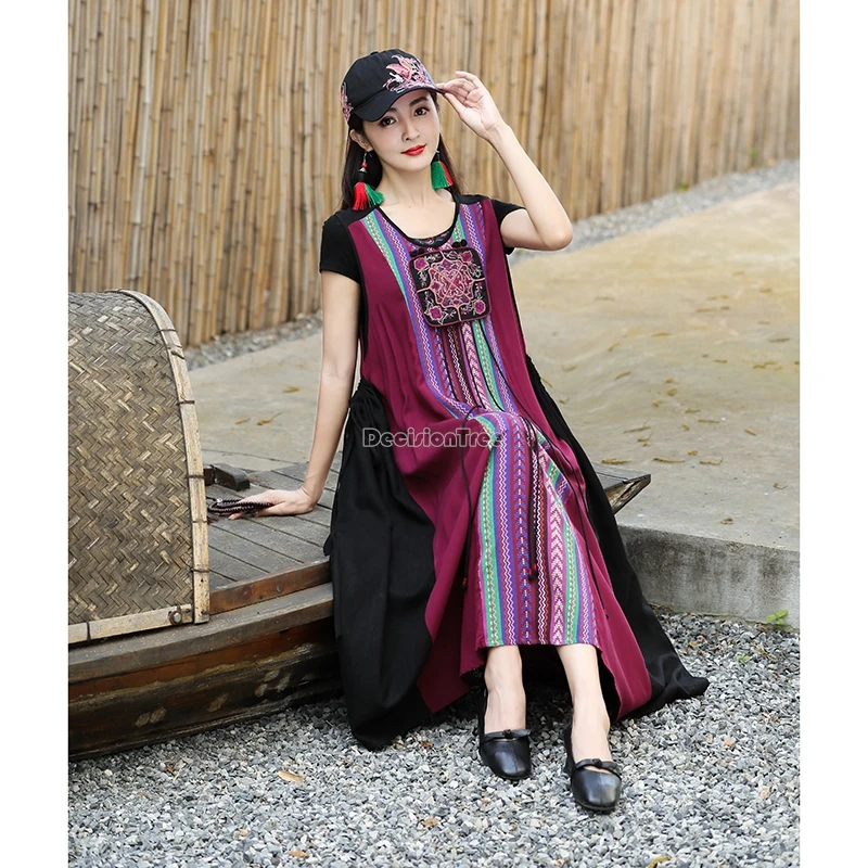 

2025 chinese embroidery patchwork design tassel short sleeve round collar sleeveless long dress women national casual dress t001
