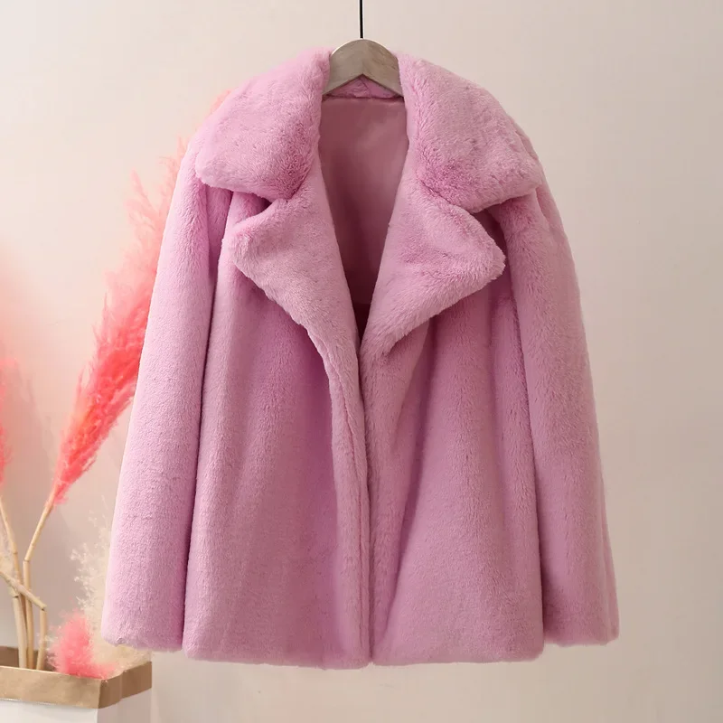 Casaco feminino de pele falsa de raposa, peludo quente, casaco de pele sintética rosa solto, lapela sólida, outerwear feminino, casaco de luxo, novo