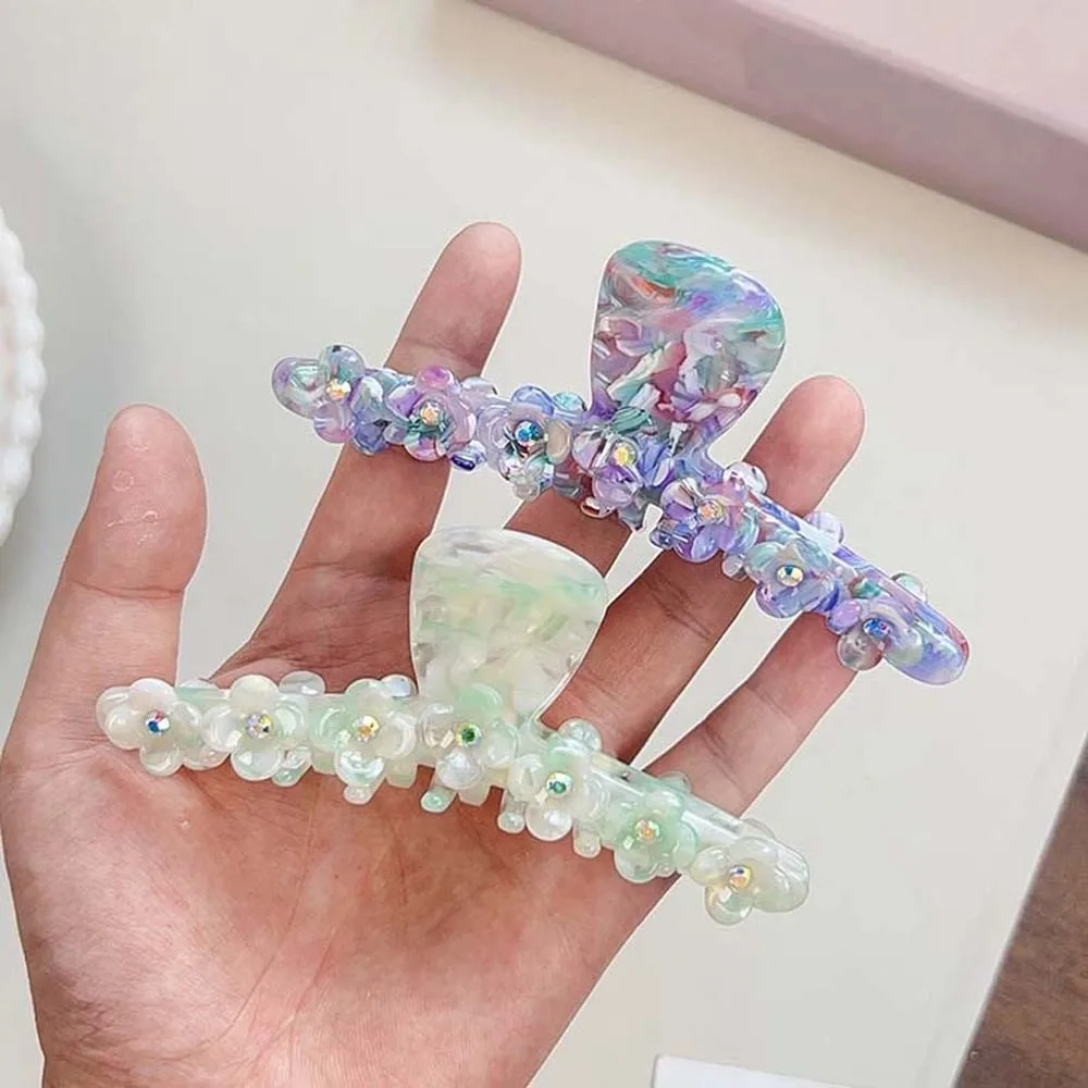 

Elegant Flower Hair Claw Gradient Color Korean Style Straight Line Shaped Shark Clip Acrylic Rhinestone Acetic Acid Hair Claw