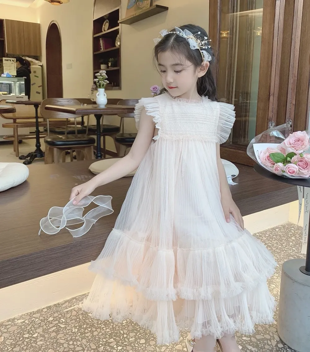 [Only size 160 left]summer kids dresses baby girls clothes Hand-embroidered Double puffy sweet princess dress