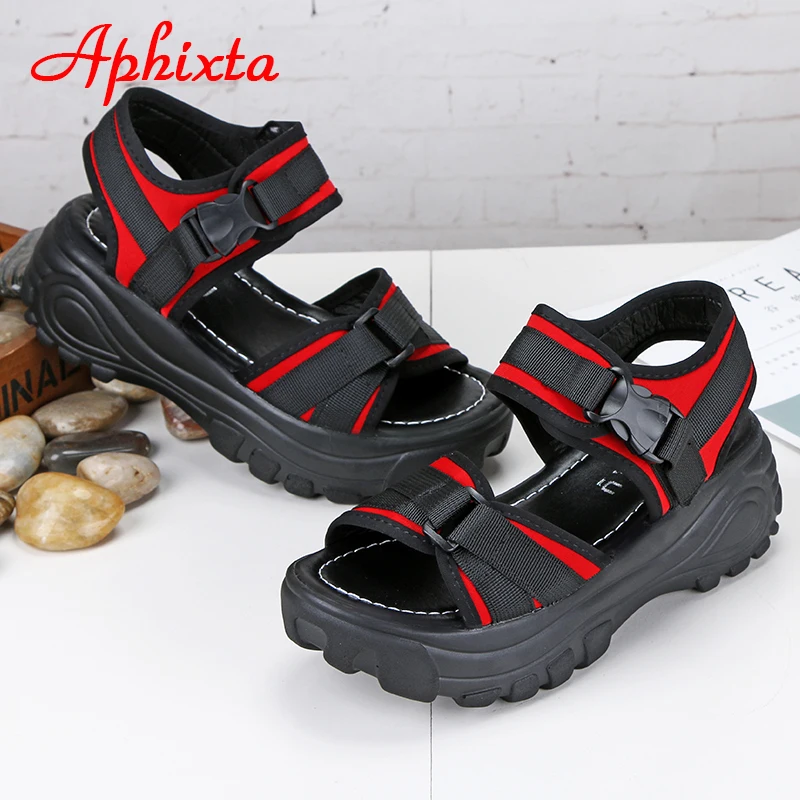 Aphixta 6cm/2.36 inch Summer Platform Buckle Sandals Women Height Increasing Thick Bottom Canvas Women Shoes Slides