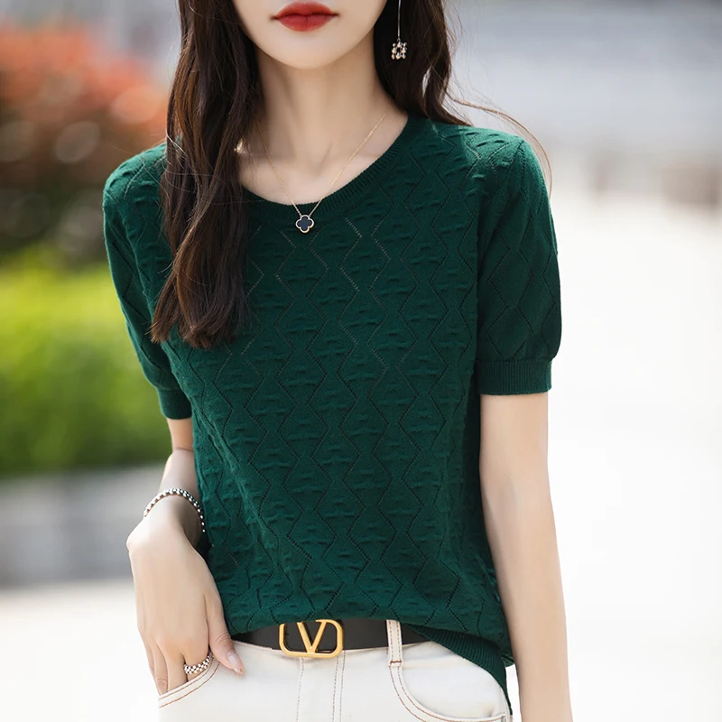 Summer New Style 100% Pure Cotton Knitted Short-Sleeve Round-Neck Hollow Crochet Top Loose Half-Sleeve T-Shirt Base Layer