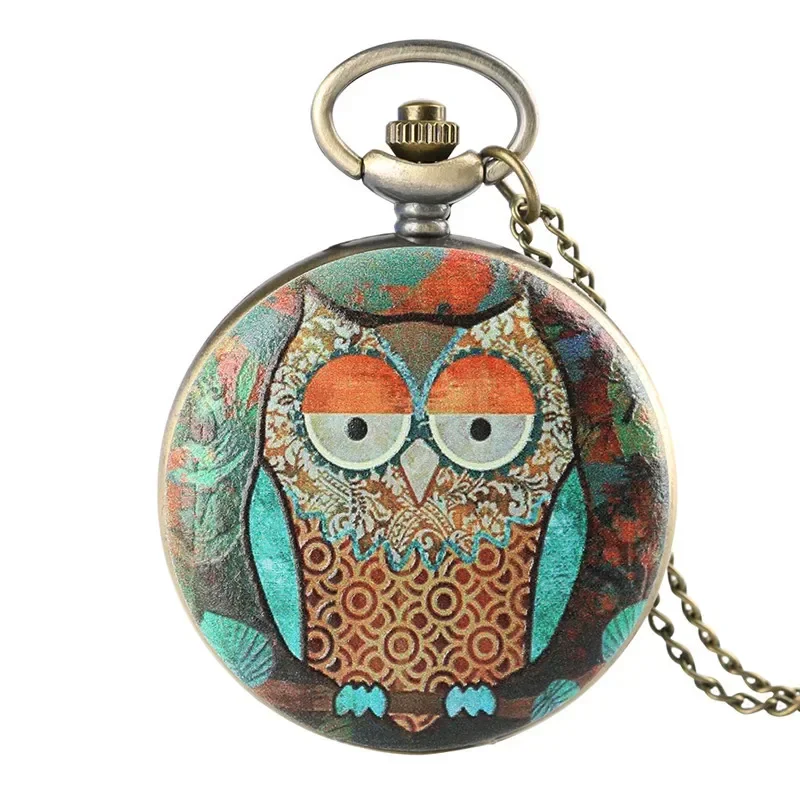 Colorful Cute Night Owl Design Full Hunter Quartz Analog Pocket Watch for Men Women Sweater Necklace Chain Retro Timepiece