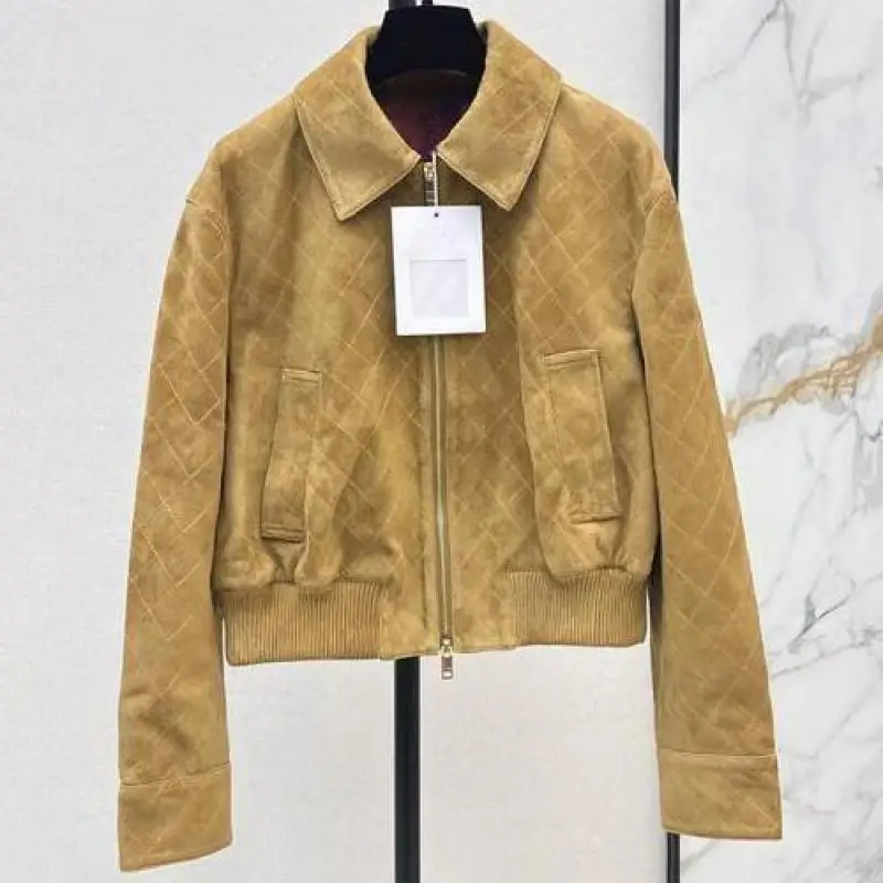 2026 New Style Elegant Casual Style Plaid Line Lapel Jacket Coat Sheepskin Suede