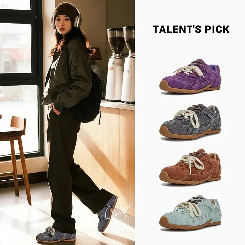 

Women's Genuine Suede Retro Trainers Chunky Platform Breathable Lace Up Casual Sport Sneakers Y2K Vintage Spring 2026