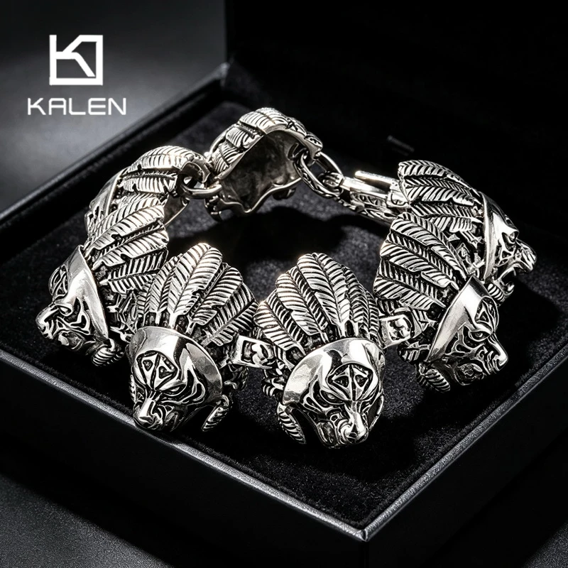 Kalen Vintage Tribal Chief Skull Bracelet for Men Punk Stainless Steel Feather Link Biker Party Jewelry Male Accessories Gifts