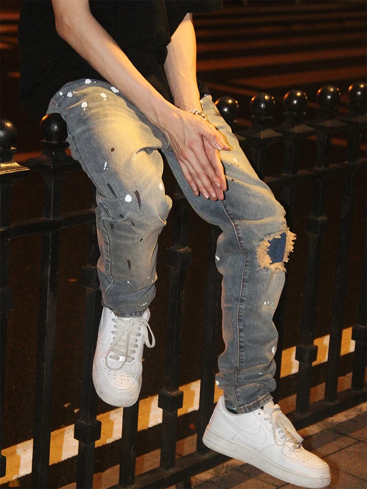 

Original National Trend Splaed Ink High Waist Straight Leg Jeans Hip Hop High Street Slim Fit Small Foot Pants