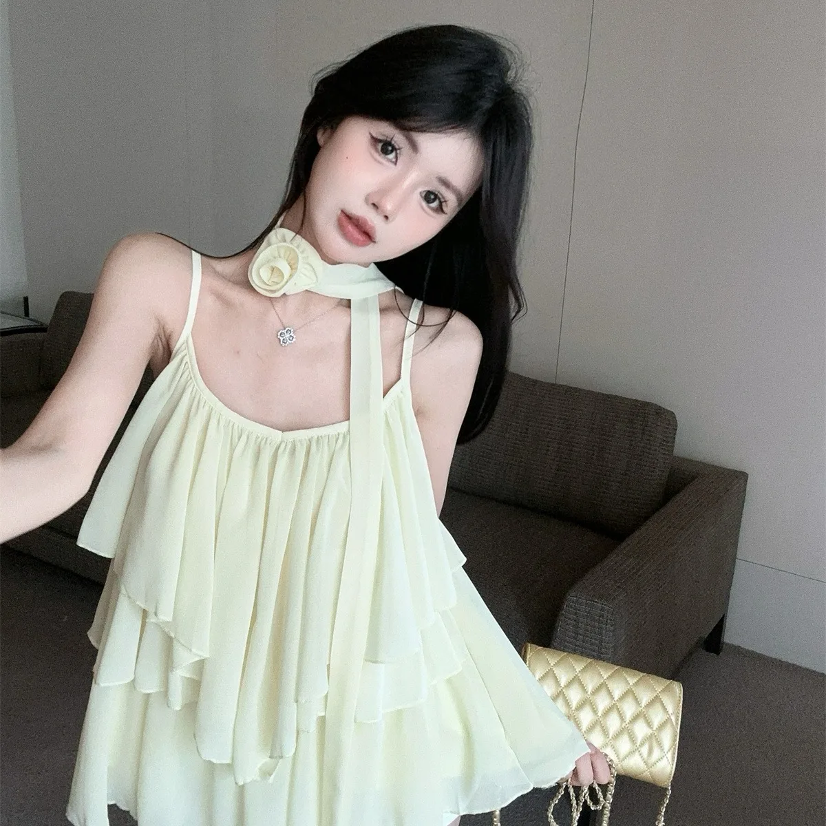 

Летний топ-жилет с асимметричными бретелями и 3D-цветами, свободный крой, укороченный, кружевной, для женщин, повседневный