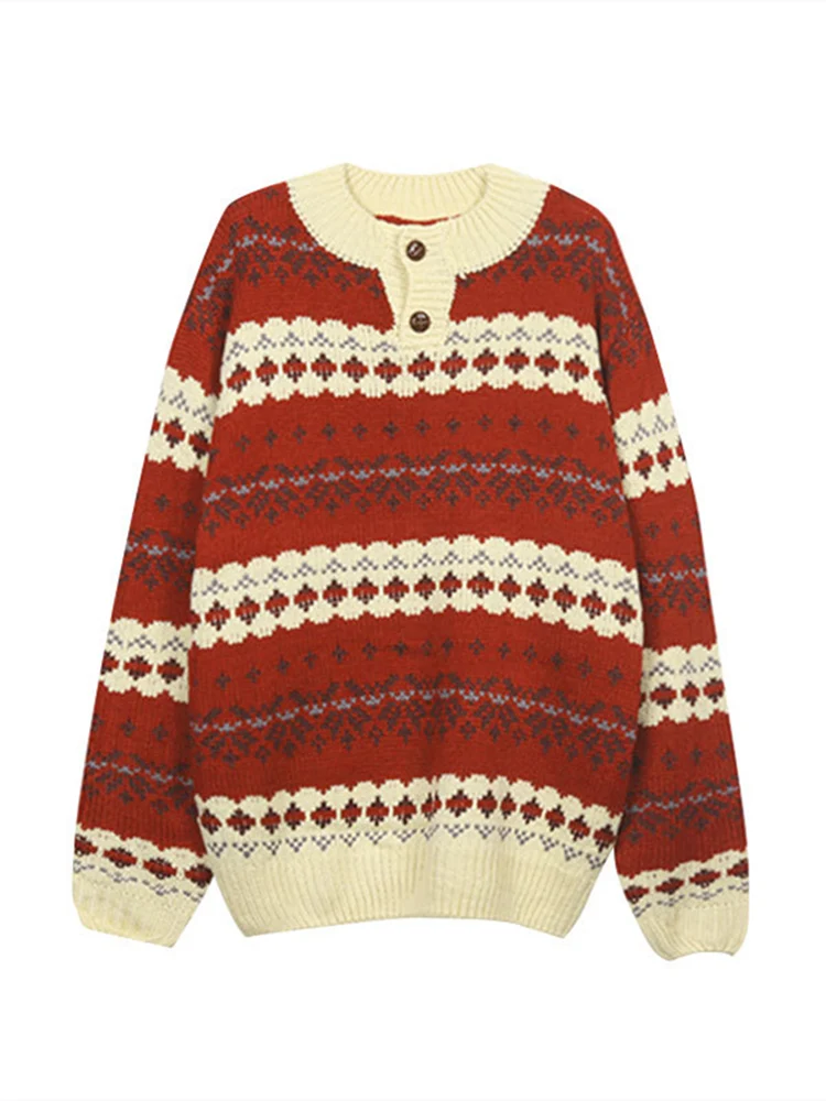 سترة حمراء محبوكة فضفاضة للنساء، ملابس شتوية عصرية كاجوال على الطراز الكوري مع زهور، ماركة لينغ، ملابس داخلية جديدة للعام الجديد