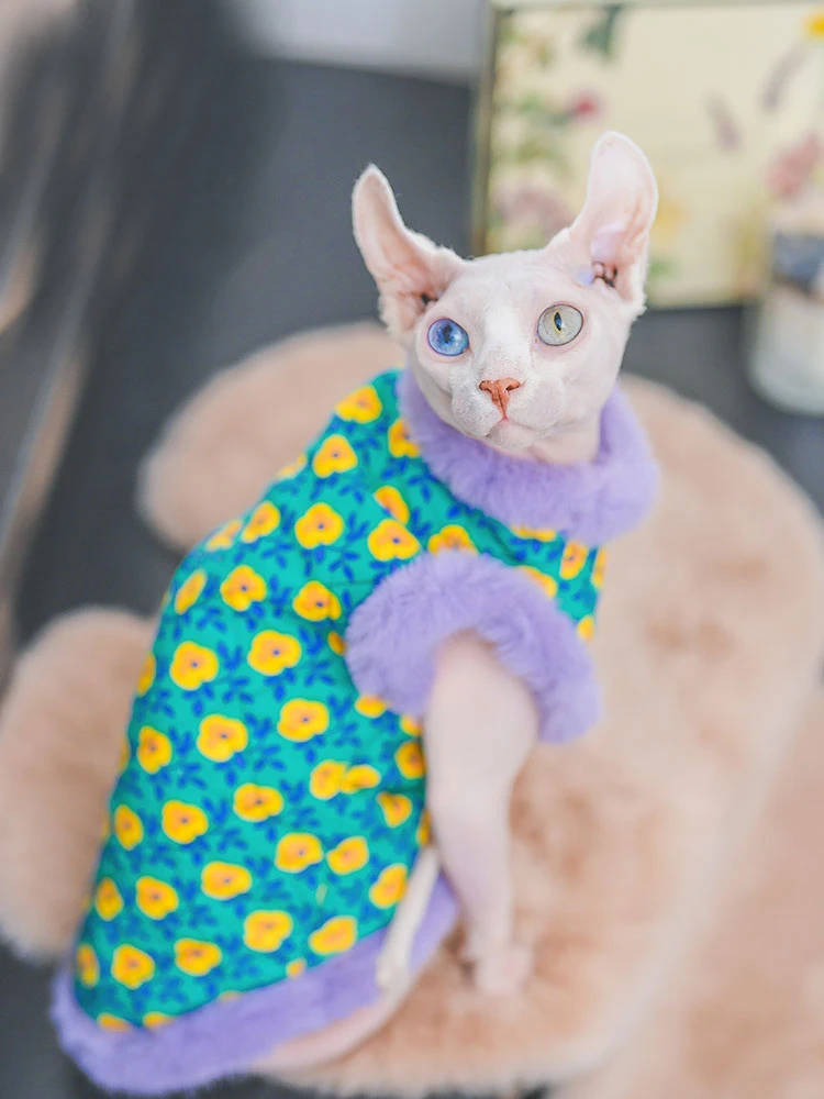 Plush Cheongsam Cotton Jacket Coat Suit for Sphynx Cat in Winter thick warm Sweater for Kittens Soft Lace Coat for Female Cat