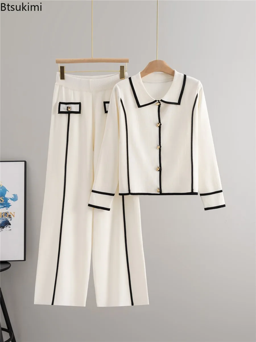 Autumn New Knitted Fashion Color Block Two-piece Set Women Casual Single Breasted Lapel Long Sleeved Sweater Wide Leg Pants Set