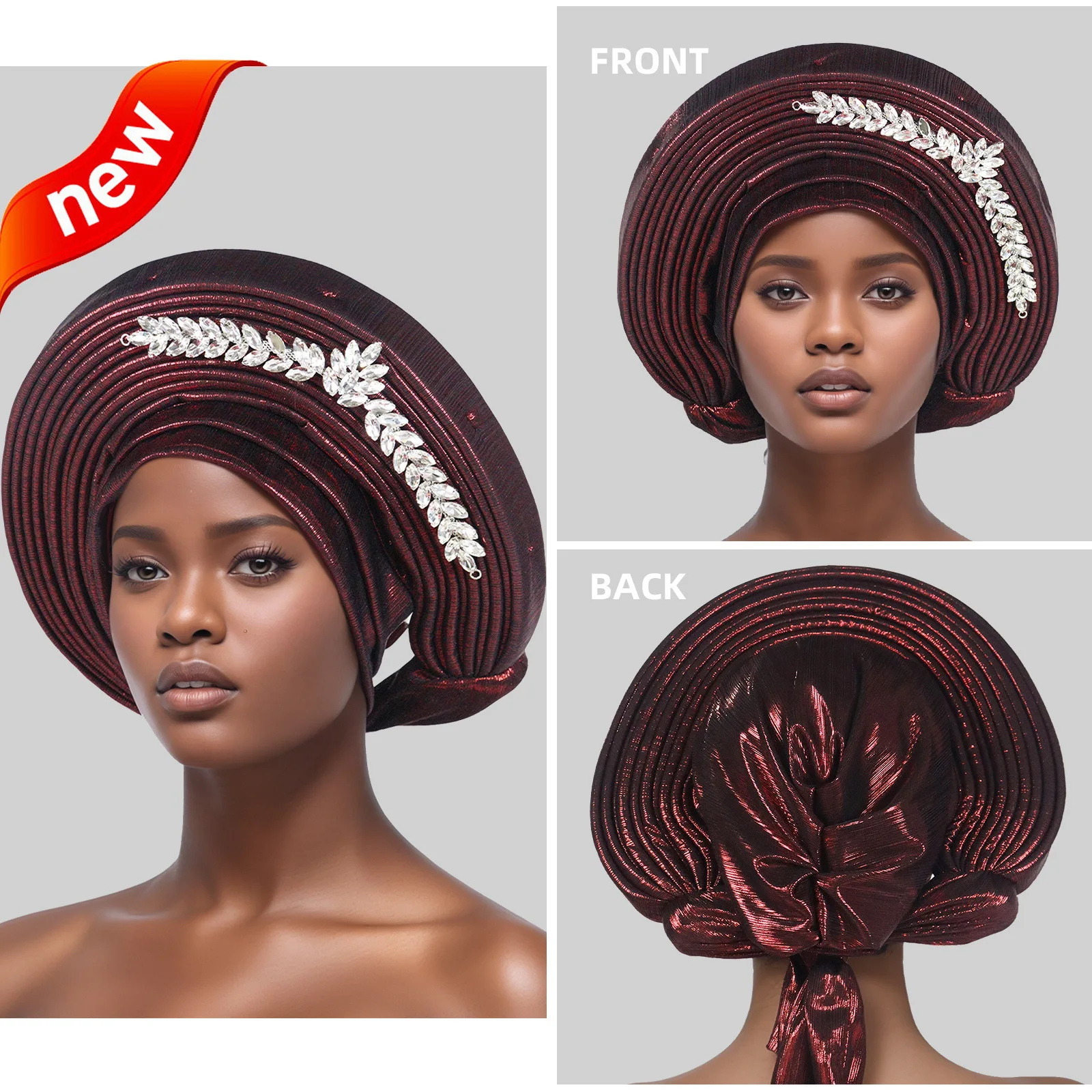 แอฟริกัน Autogele ผู้หญิง Turban หมวกไนจีเรียงานแต่งงาน Gele พร้อมสวมใส่ Headtie เพชร Party Headwear Head Ties Wrap หัว