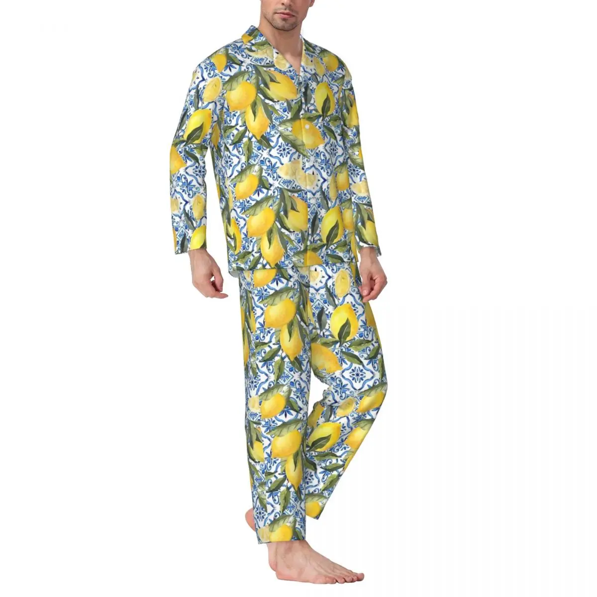 Vintage Lemon Pajamas Mens Blue and White Tiles Kawaii Home Sleepwear Spring 2 Piece Casual Oversized Custom Pajama Set